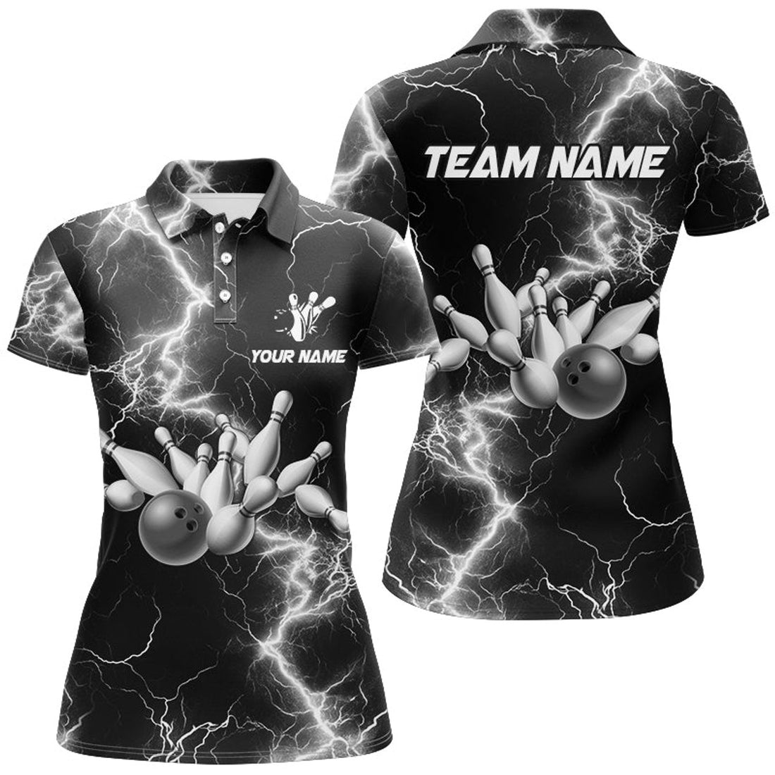 Custom Women Bowling Shirt Custom Black And White Lightning Thunder Bowling Team Jersey, Gift For Team Bowler
