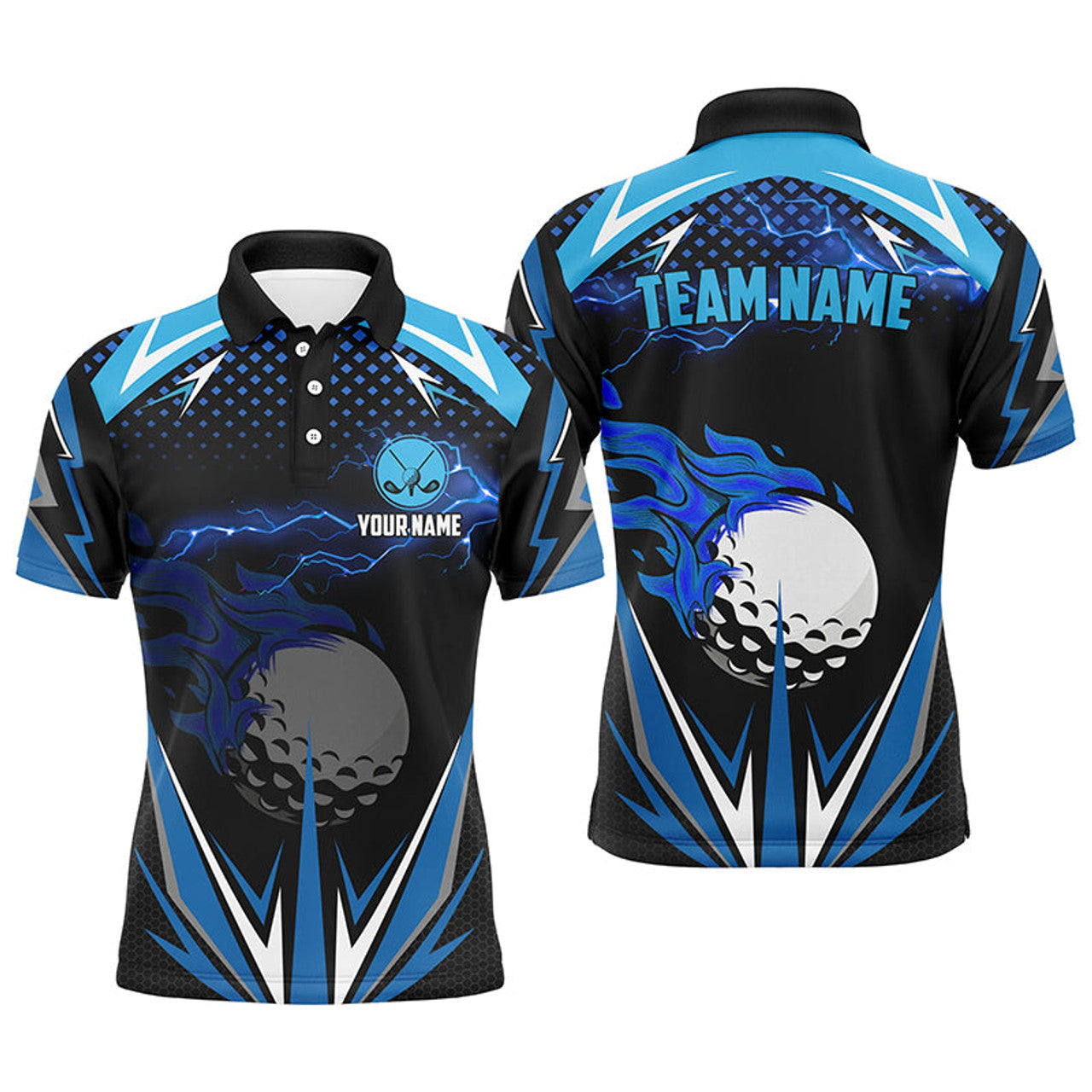 Custom Black Mens golf polo shirts custom blue lightning team golf jerseys, golf attire for men