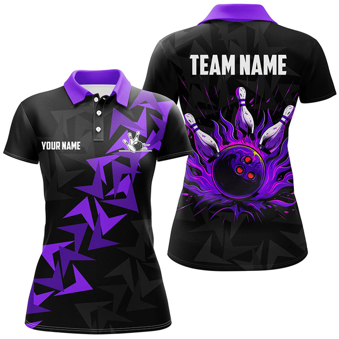 Custom Black And Purple Flame Camo Bowling Polo For Women Custom Bowling Team Jerseys
