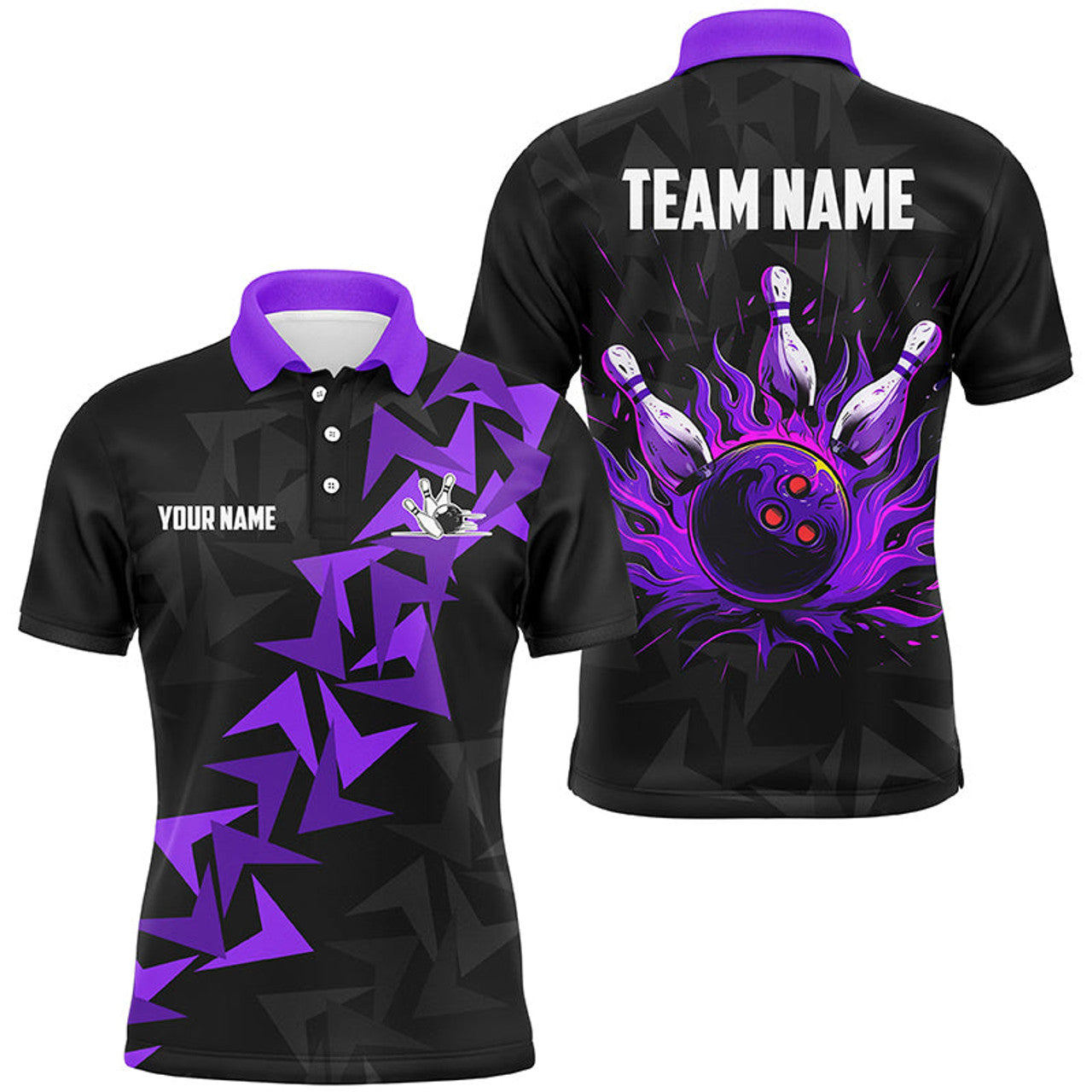 FUNSTUFFPRINT Black and Purple Flame Camo bowling Polo, for men custom bowling Polo Shirt Size S-5XL