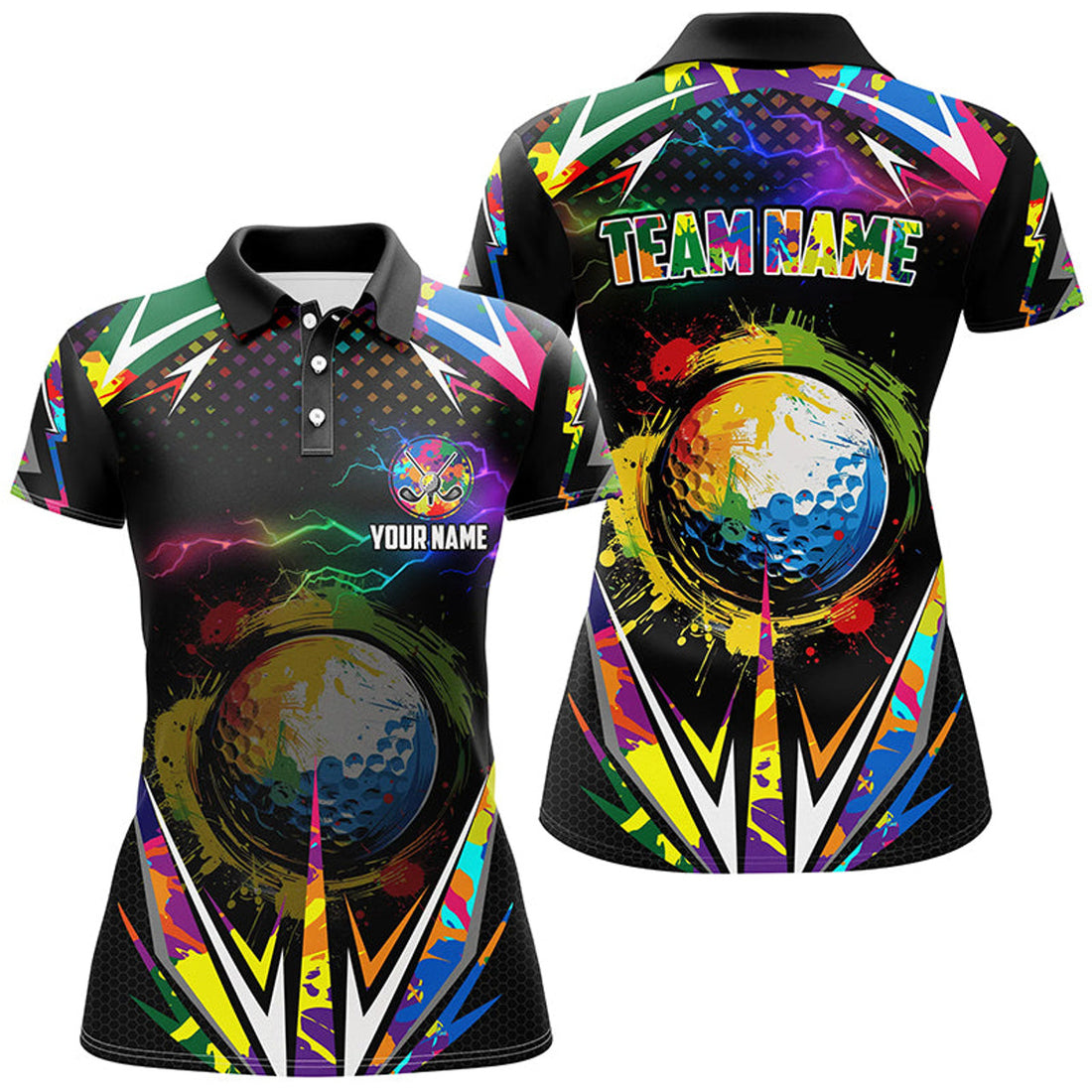 Custom Black Womens Golf Polo Shirts Custom Colorful Lightning Team Golf Jerseys, Golf Attire For Women