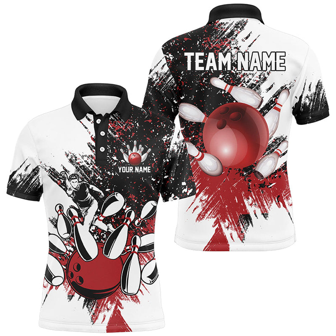 Custom Black And White Men Bowling Polo, Custom Bowling Jerseys, Mens Bowling Outfit | Red