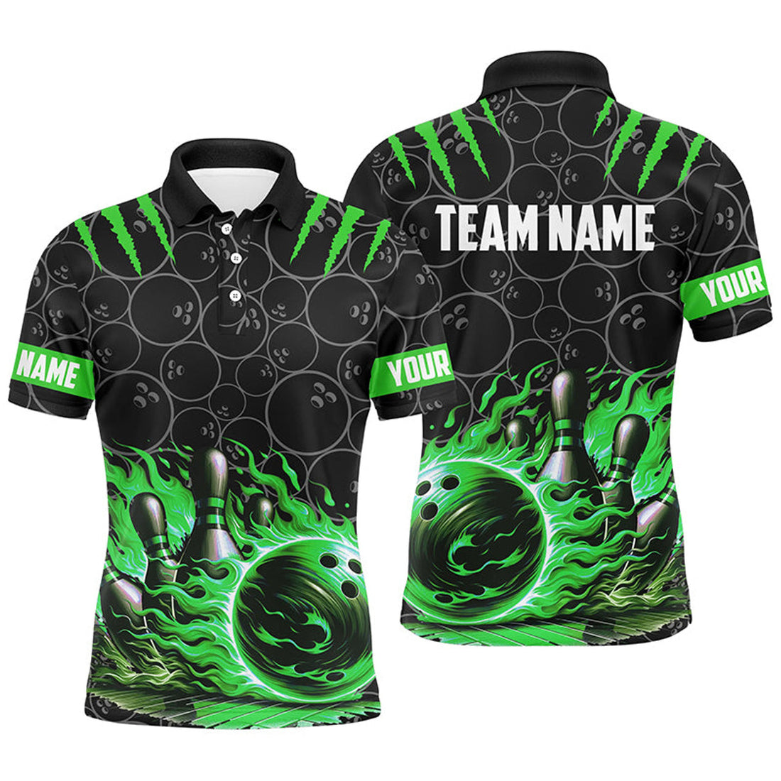 Custom Bowling Polo, For Men Custom Black Green Flame Bowling Shirt, Team Bowling Jerseys