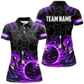 Custom Bowling Polo For Women Custom Black Purple Flame Bowling Shirt, Team Bowling Jersey