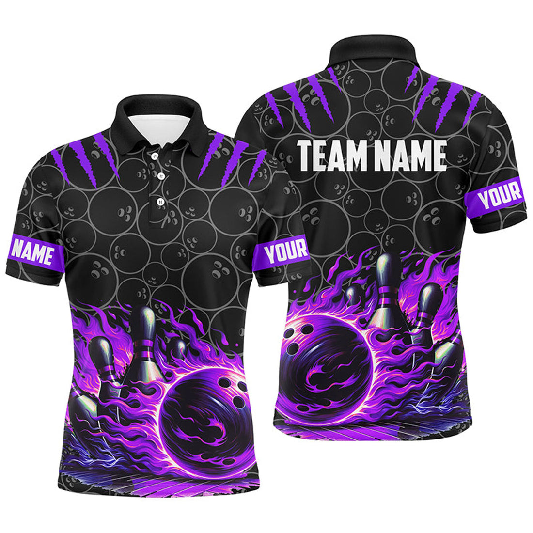 Custom Bowling Polo, For Men Custom Black Purple Flame Bowling Shirt, Team Bowling Jerseys