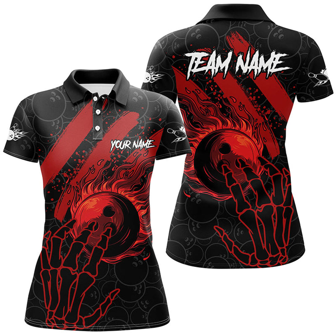 Custom Black And Red Flame Camo Bowling Polo For Women Custom Reaper Bowling Team Jerseys