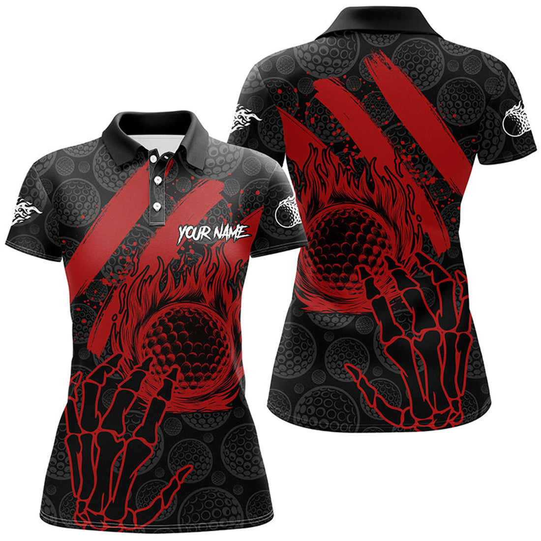 Custom Black And Red Flame Camo Golf Ball Womens Golf Polo Shirt Custom Team Reaper Golf Jerseys