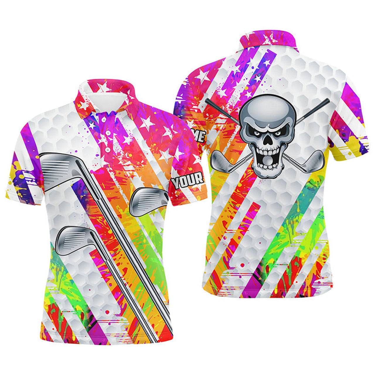 Custom Golf Men Polo Shirt - Custom Name Colorful Watercolor American Flag Skull Apparel - Personalized Gift For Golf Lover, Team, 4th July, Patriotic