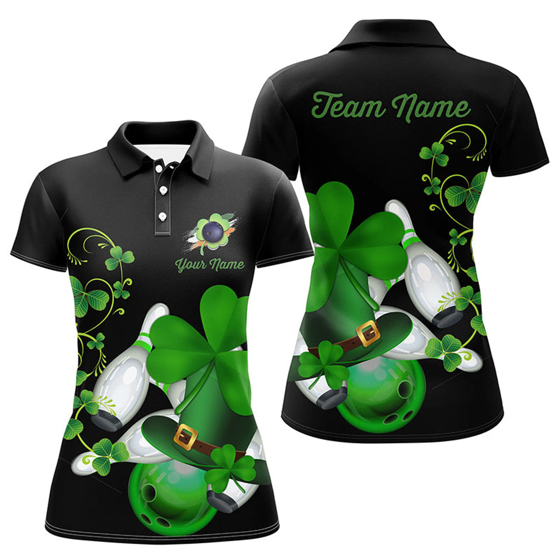 Custom Green Shamrock Lucky Women Bowling Polo Shirt Custom St Patrick Day Black Team League Bowling Jerseys