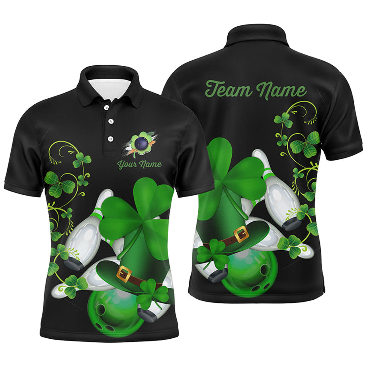 FUNSTUFFPRINT Green shamrock Mens polo bowling shirts Custom St Patrick Day black team league bowling Polo Shirt Size S-5XL