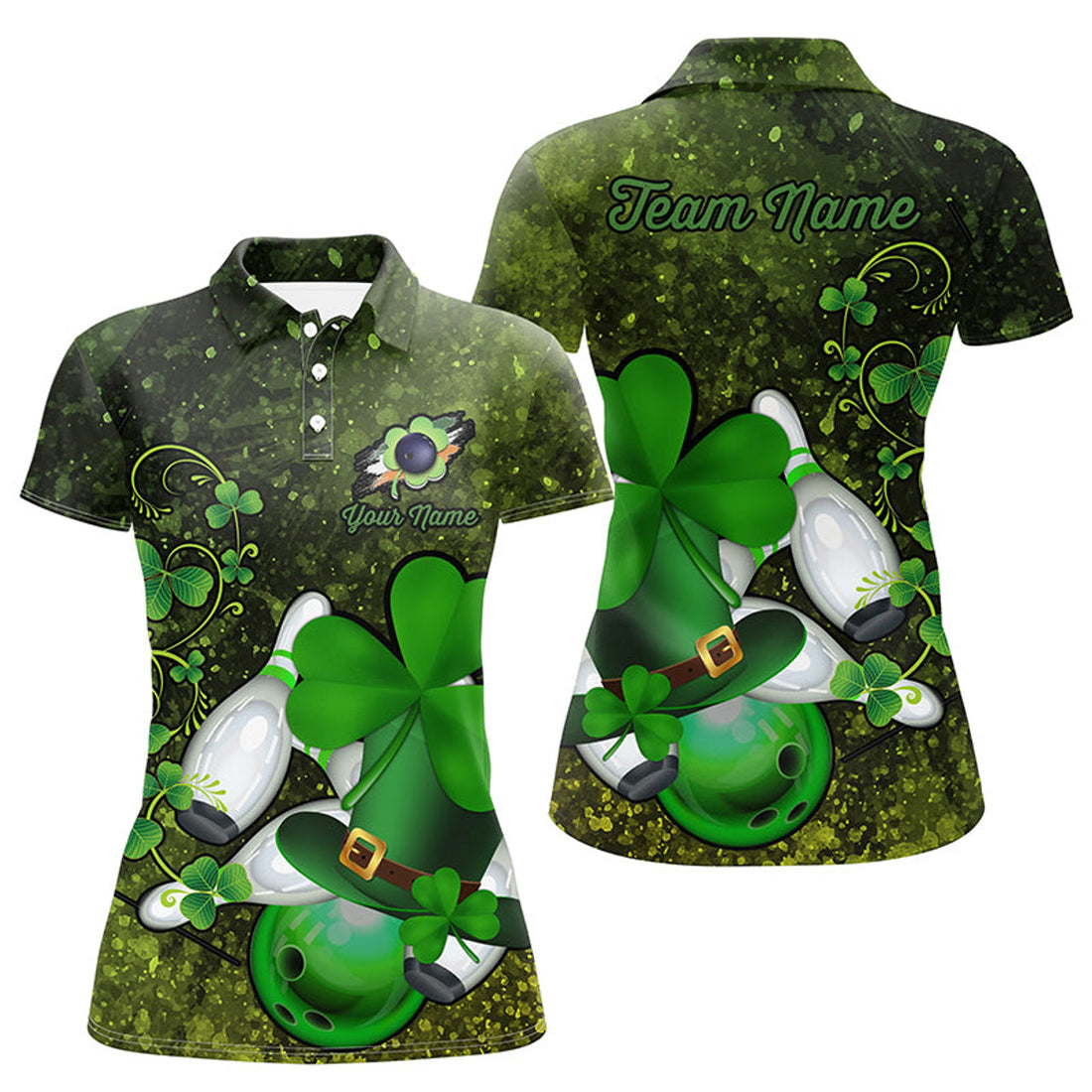 Custom Green Grunge Shamrock Lucky Women Bowling Polo Shirt Custom St Patrick Day Team League Bowling Jerseys