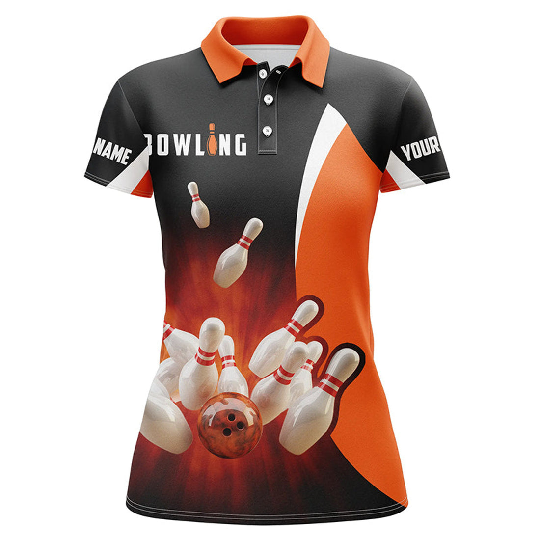 Custom Bowling Shirts Retro Black Orange Bowling Polo Shirts For Women, Bowling Team Jersey