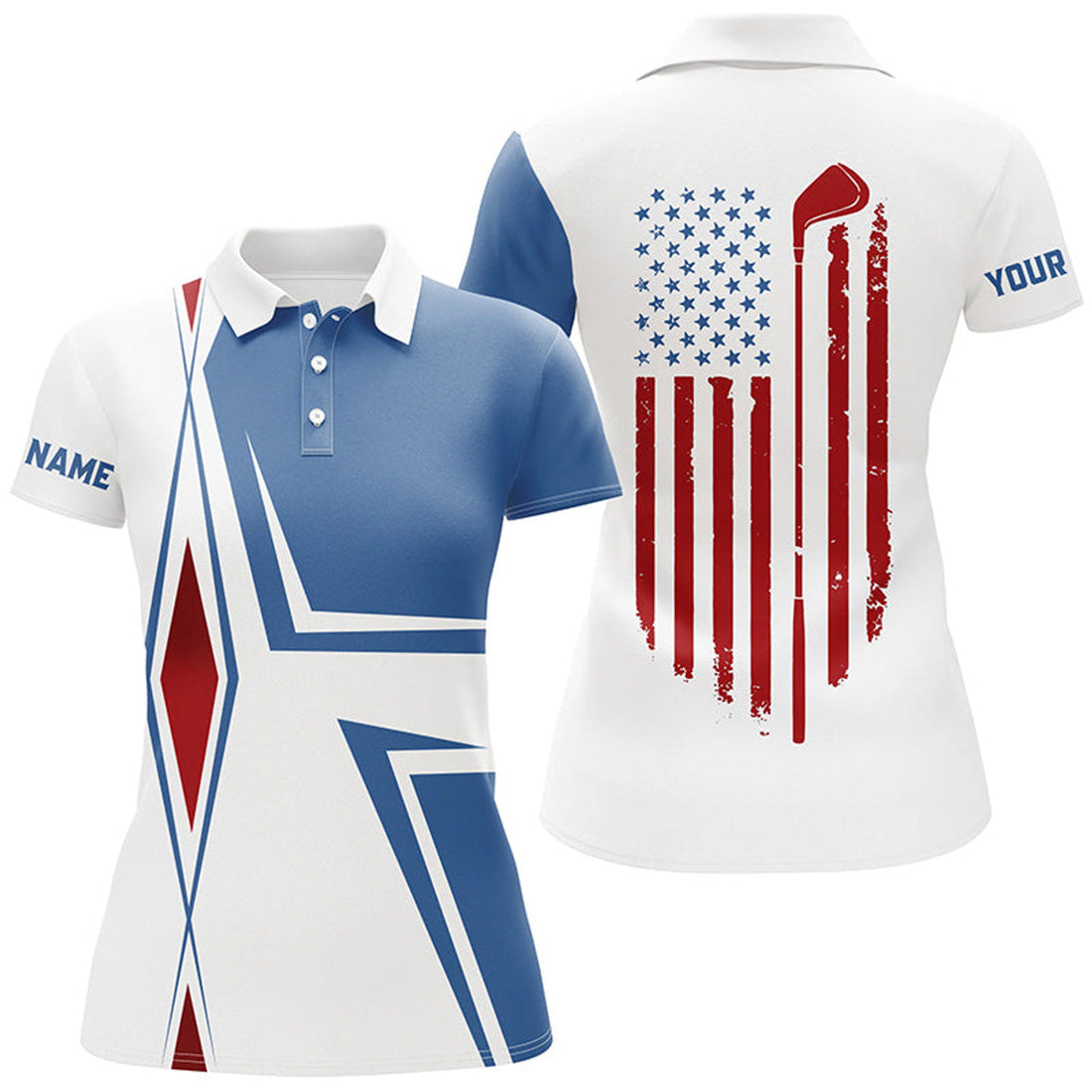 Custom American Flag White Womens Golf Polo Shirts Custom Golf Club Golf Outfit Women, Golf Shirts For Lady