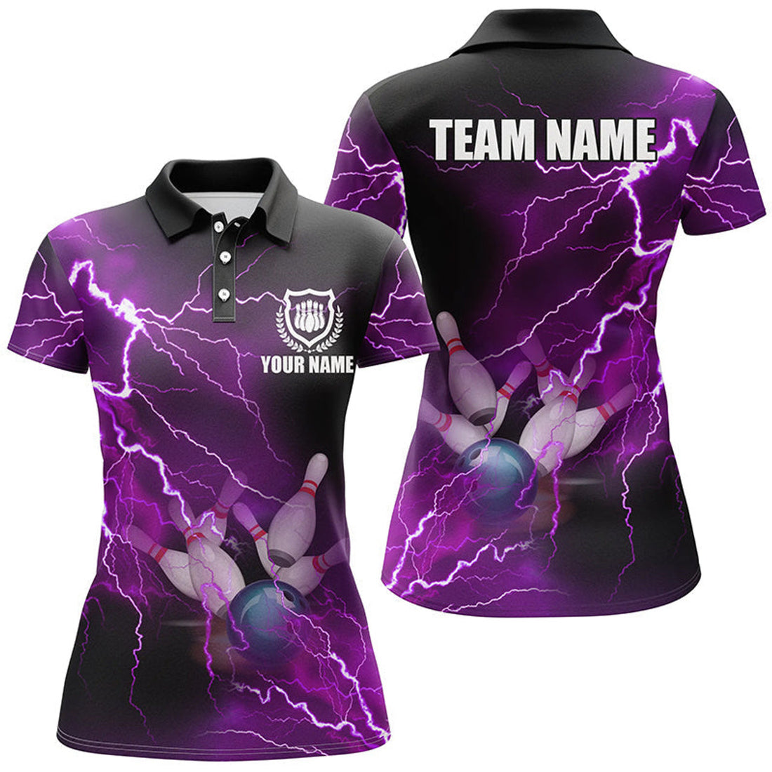 Custom Women Bowling Polo Shirts Custom Purple Lightning Thunder Bowling Team Jersey, Gift For Team Bowlers