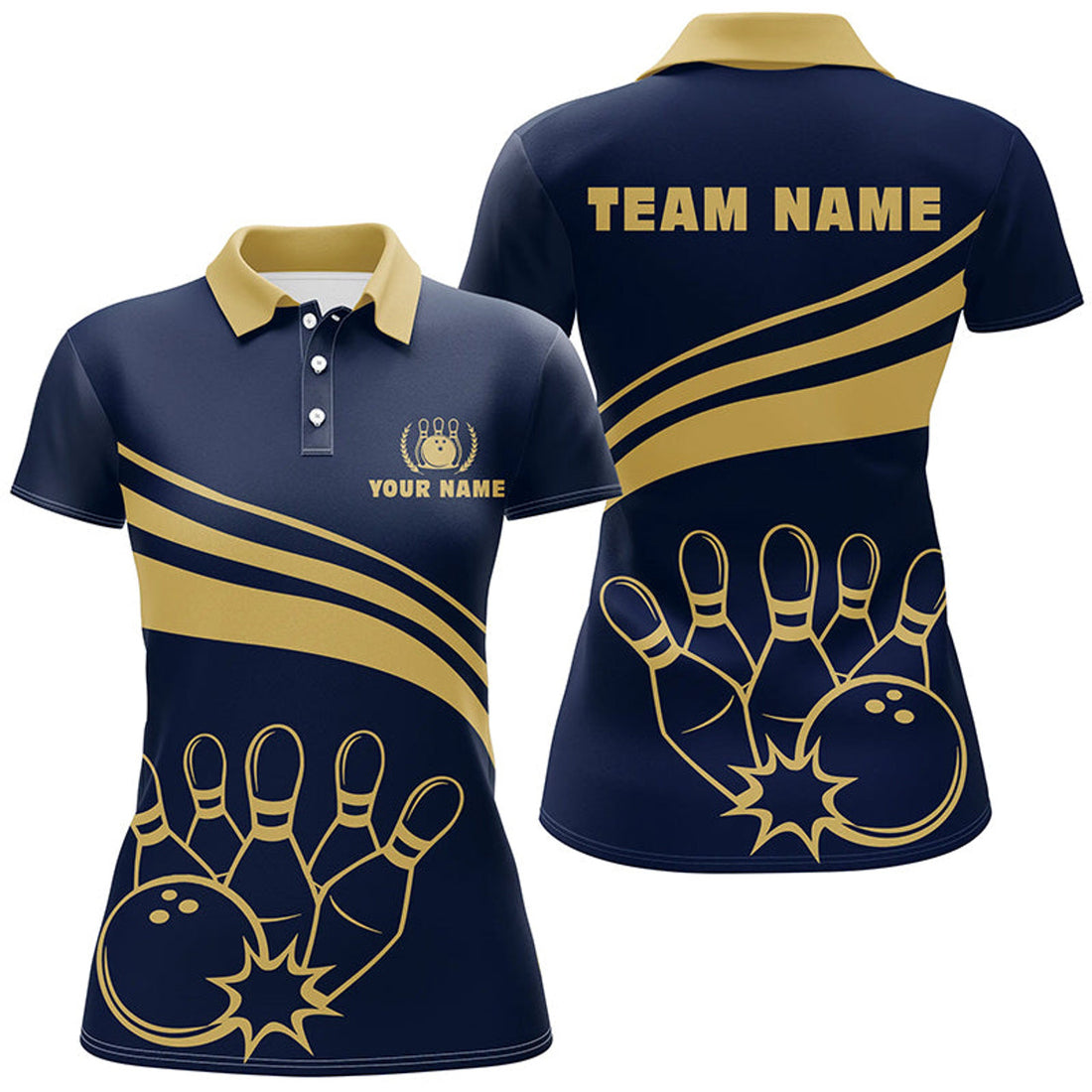 Custom Personalized Polo Bowling Shirts For Women, Custom Gold Womens Bowling Shirts Team Bowl Jersey | Navy