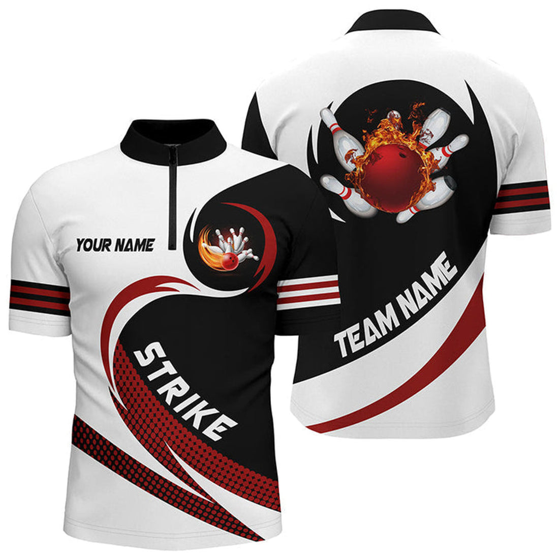 Custom Personalized Men Bowling Quarter Zip Shirts Green Flame Bowling Ball Strike Bowling Team Jerseys