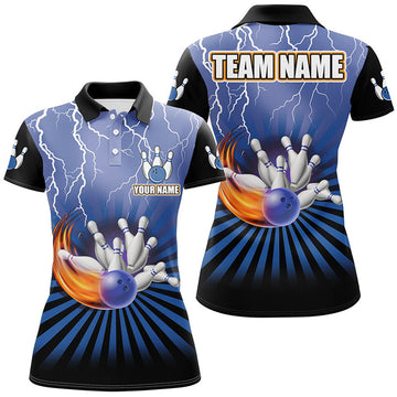 Custom Women Bowling Polo Shirts Custom Lightning Storm Vintage Bowling Team Jersey, Gift For Bowlers | Blue