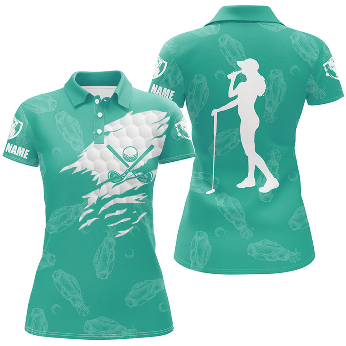 Custom Womens Golf Polo Shirts Custom Name Golf Clubs Pattern Shirt For Ladies | Turquoise