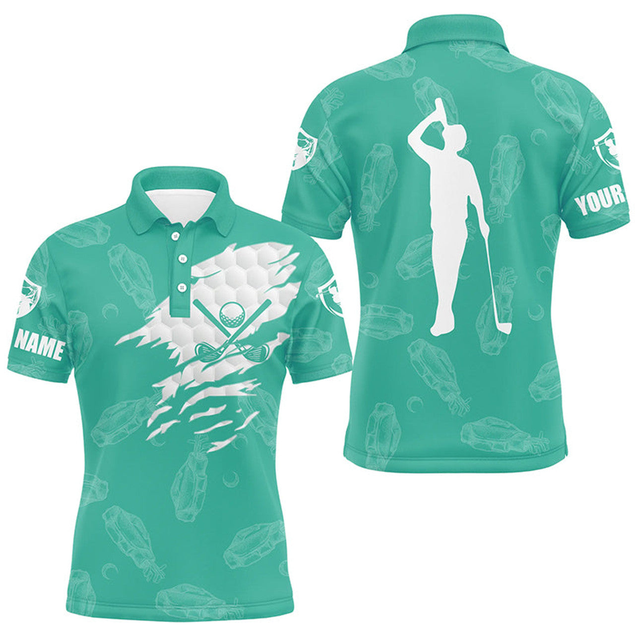 Custom Mens golf polo shirt custom name golf clubs pattern shirt | Turquoise