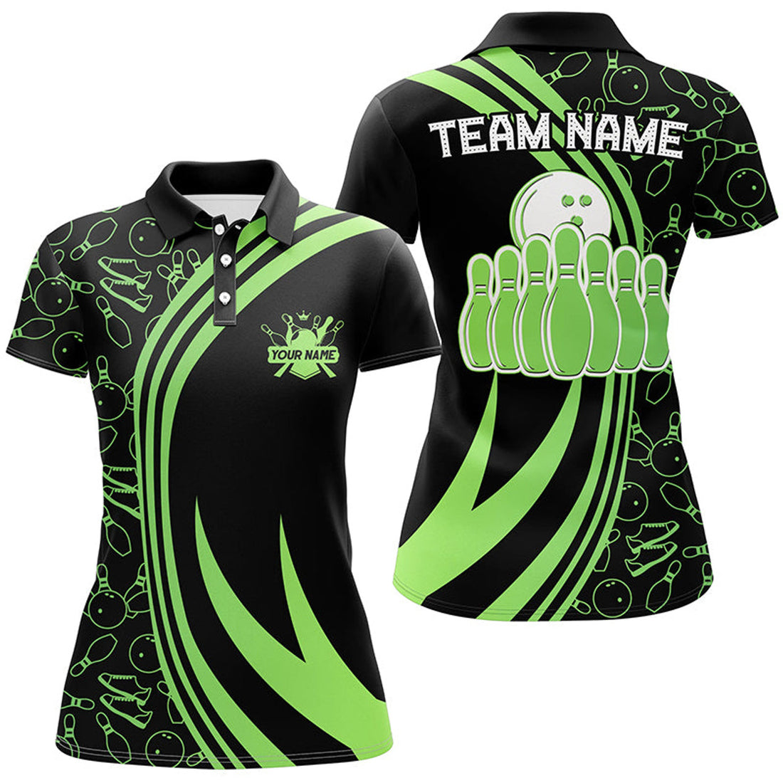 Custom Black Women Bowling Polo Shirt Custom Green Neon Team League Bowling Jerseys, Gifts For Bowlers