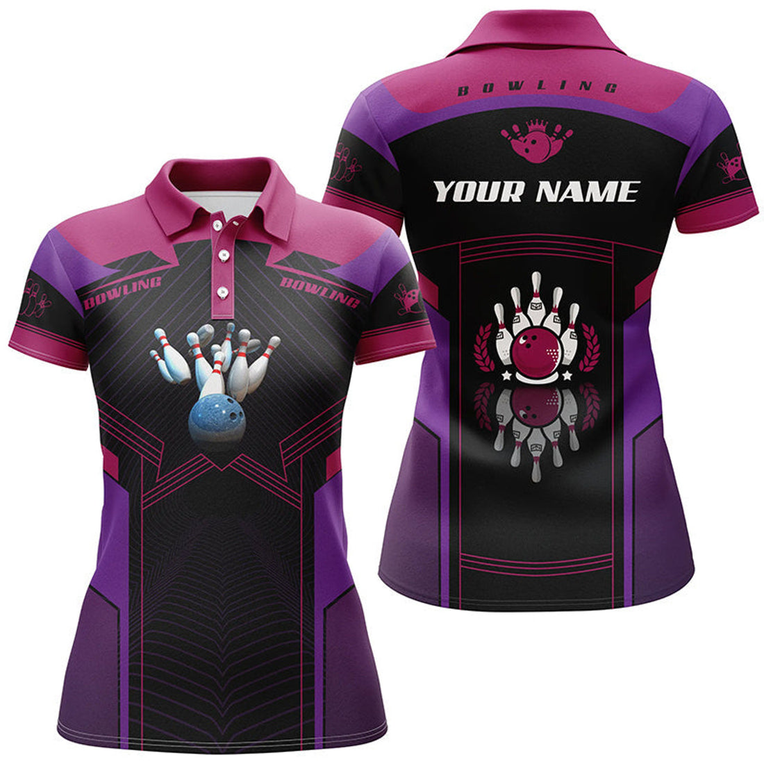 Custom Personalized Purple Short Sleeve Polo Bowling Shirts For Women, Custom Gift For Girl Bowlers