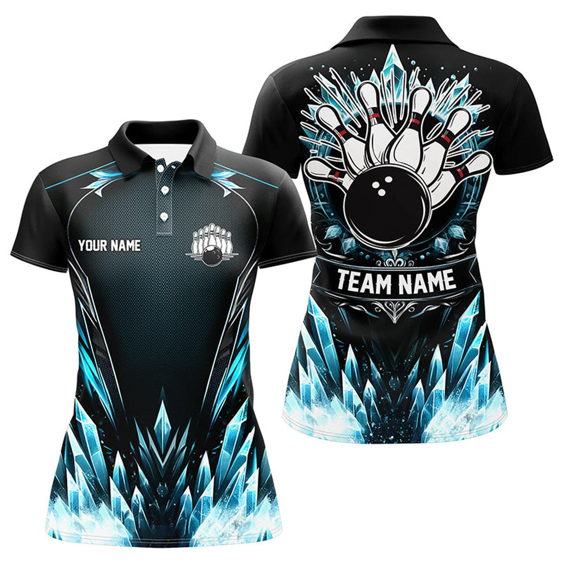 Custom Icy Blue Light Women Bowling Polo Shirt Custom Black Team Bowling Jerseys For Ladies, Gift For Bowlers