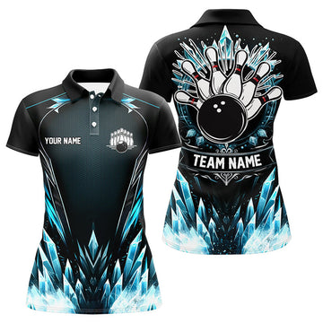 Custom Icy Blue Light Women Bowling Polo Shirt Custom Black Team Bowling Jerseys For Ladies, Gift For Bowlers