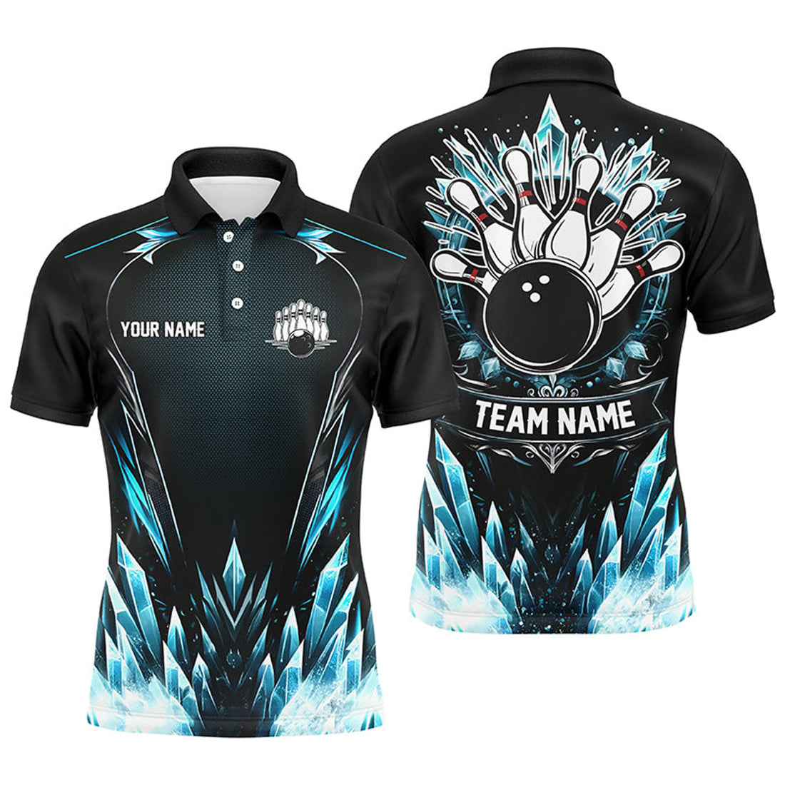 Custom Icy Blue Light Mens Polo Bowling Shirts Custom Black Team Bowling Jerseys For Men, Gifts For Bowlers