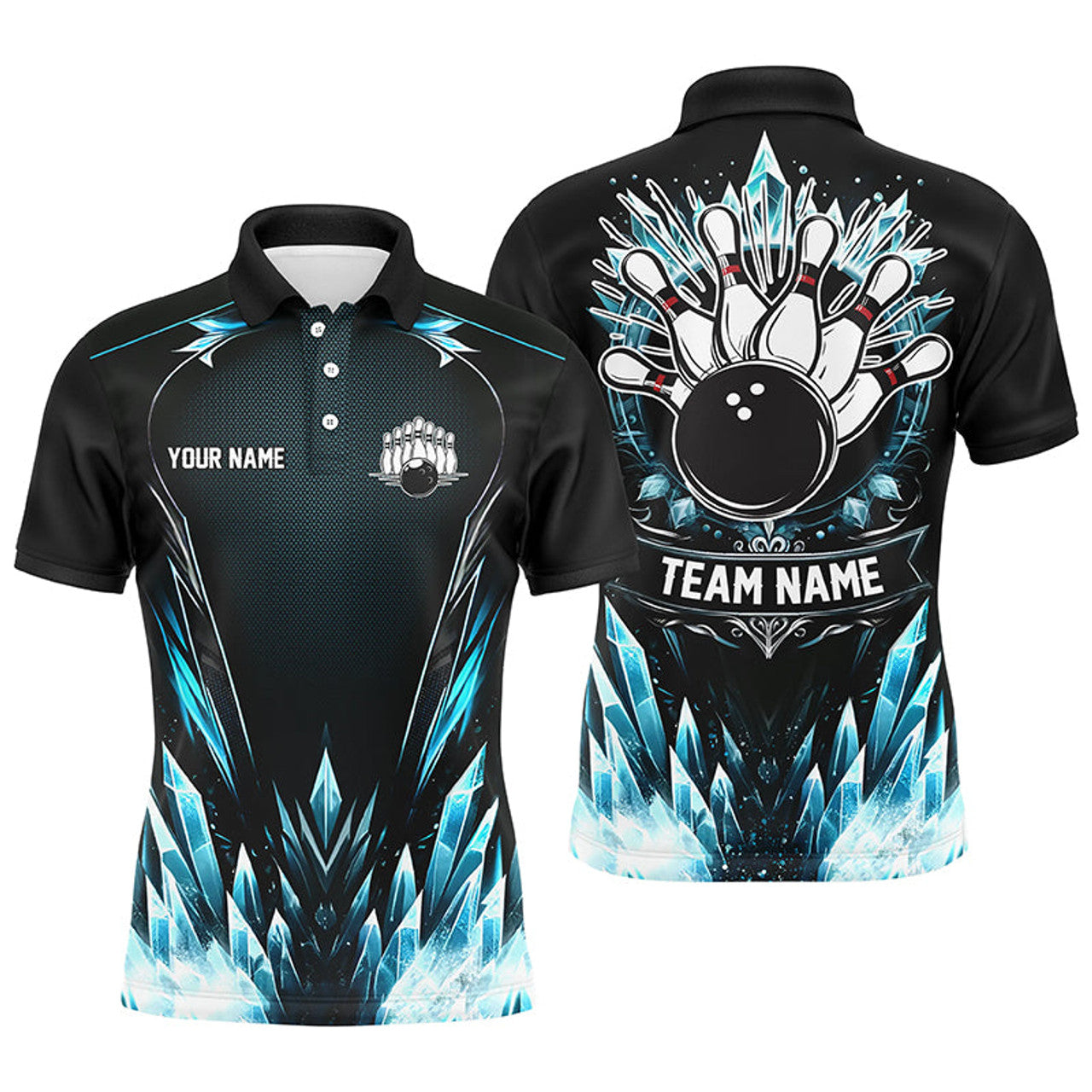 Custom Icy Blue Light Mens Polo Bowling Shirts Custom Black Team Bowling Jerseys For Men, Gifts For Bowlers