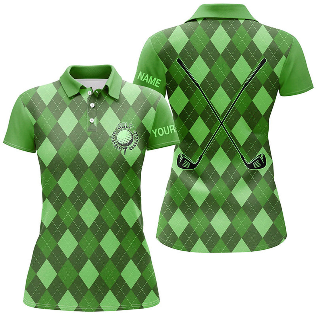 Custom Green Argyle Womens Golf Polo Shirts Custom Name Golf Outfit Women, Personalized Golf Gifts