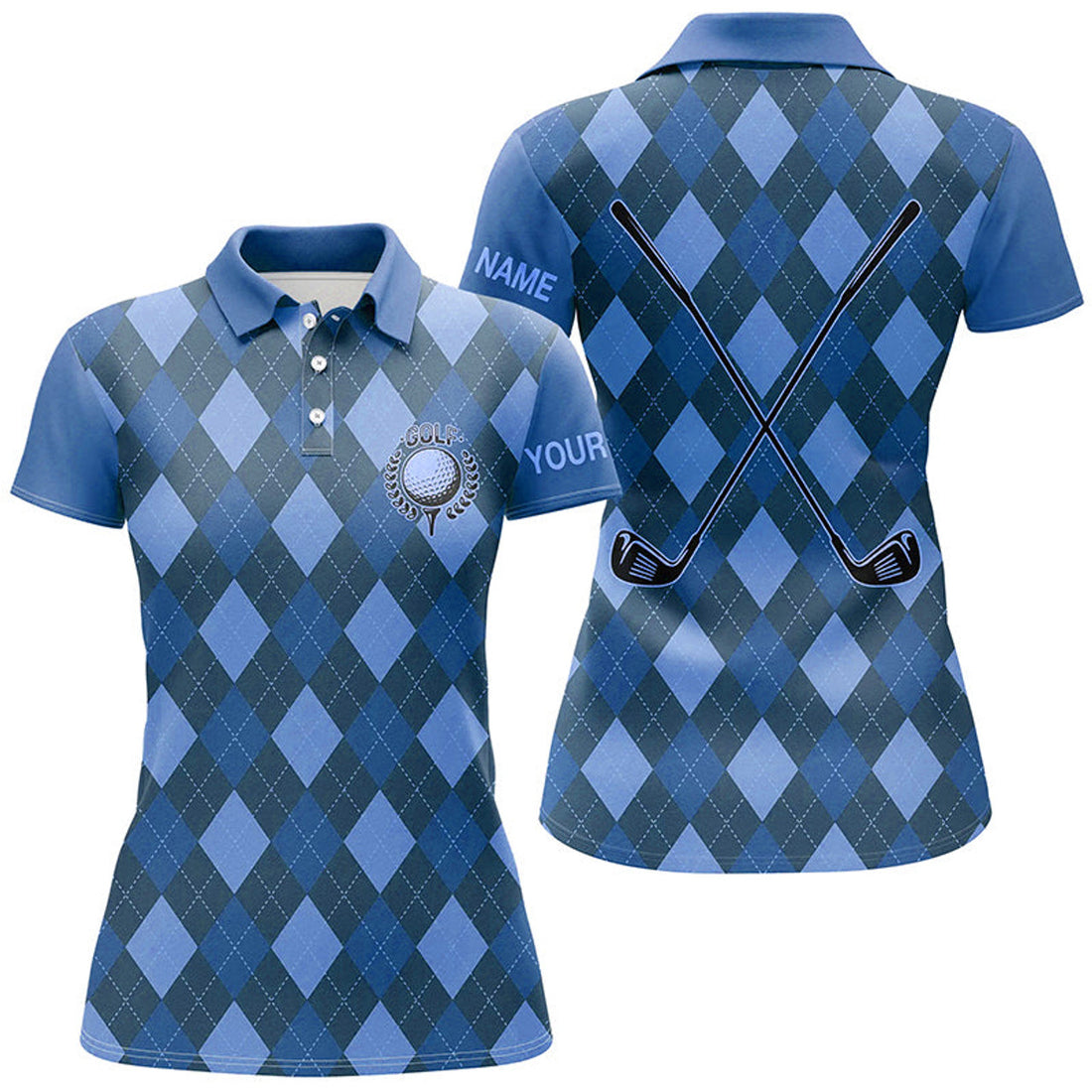 Custom Blue Argyle Golf Clubs Womens Golf Polo Shirts Custom Name Golf Outfit Women, Personalized Golf Gifts
