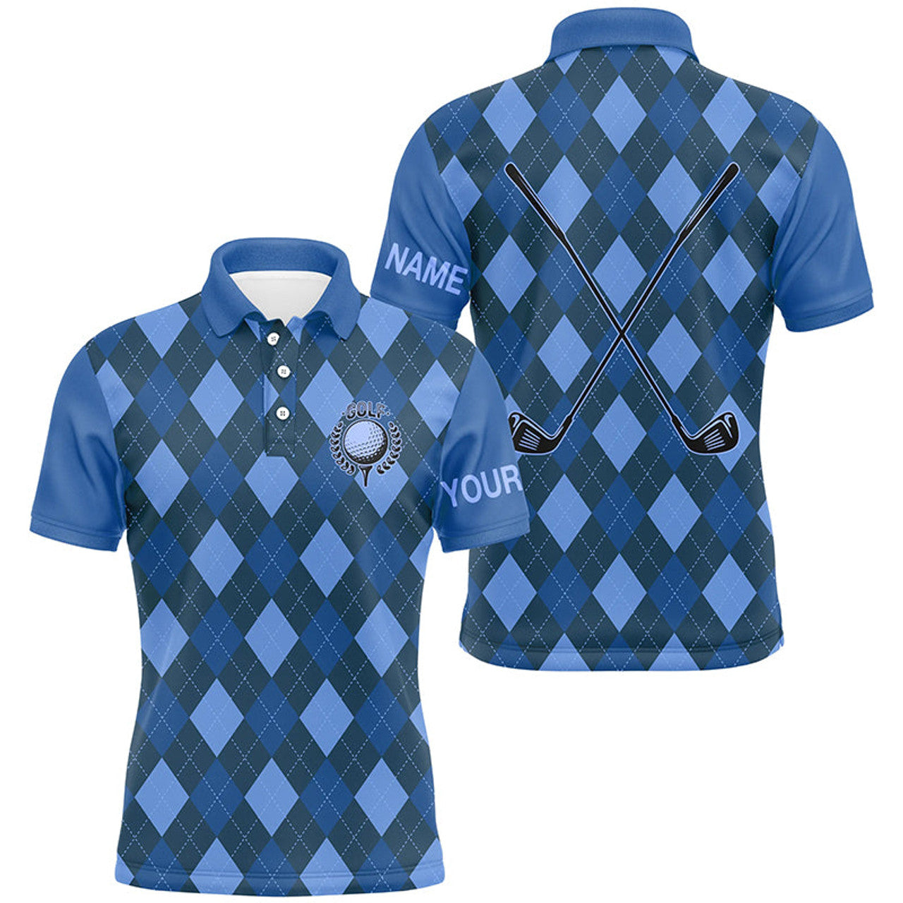 Custom Blue argyle golf clubs Mens golf polo shirts custom name golf outfit men, personalized golf gifts