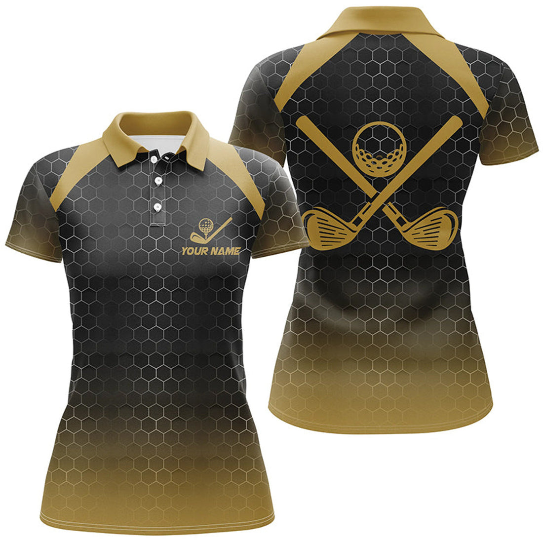 Custom Womens Golf Polo Shirts Custom Black And Yellow Hexagon Pattern Golf Outfits Women, Cool Golf Gifts