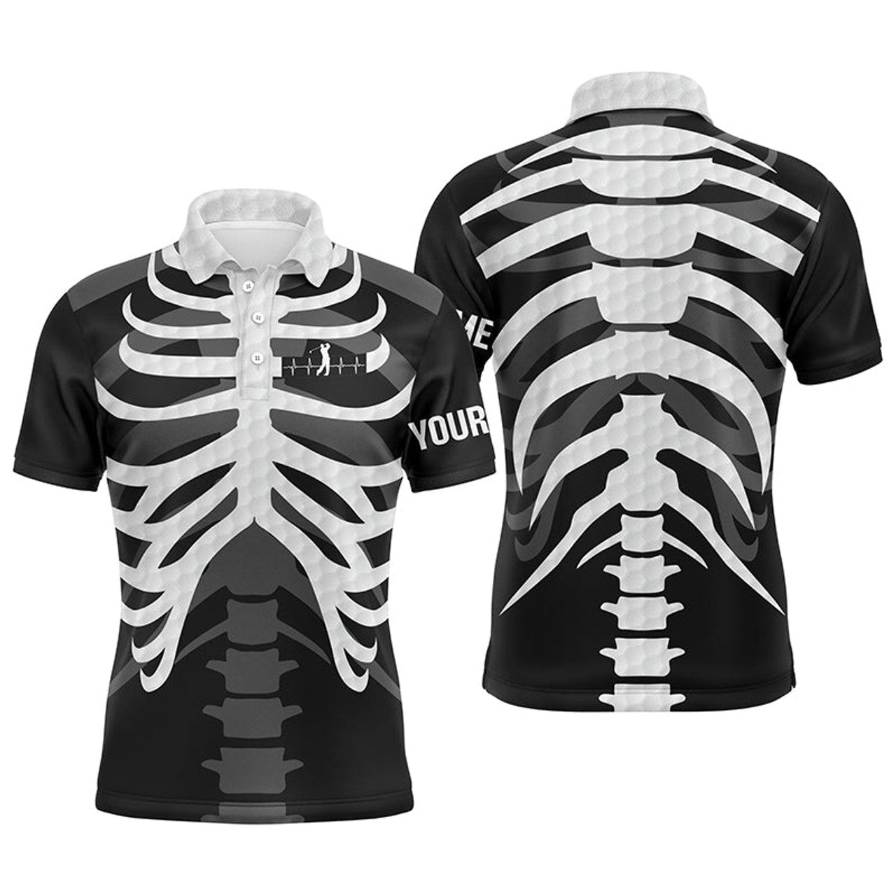 FUNSTUFFPRINT Black and white Mens golf polo shirts custom golf heartbeat Skeleton Halloween golf attire for men Polo Shirt Size S-5XL