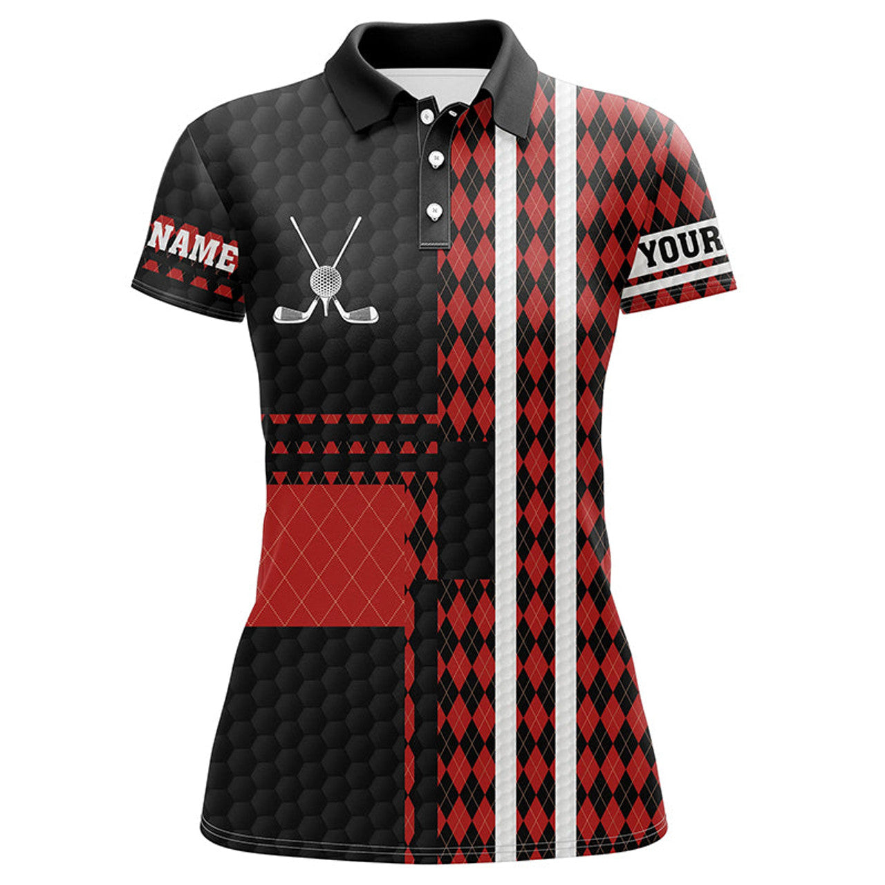 Custom Black And Red Argyle Pattern Womens Golf Polo Shirt Custom Name Golfing Gifts, Ladies Golf Tops