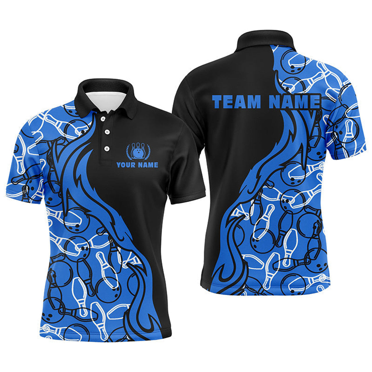 FUNSTUFFPRINT Black and blue pattern bowling polo shirts for men, custom team bowling Polo Shirt Size S-5XL