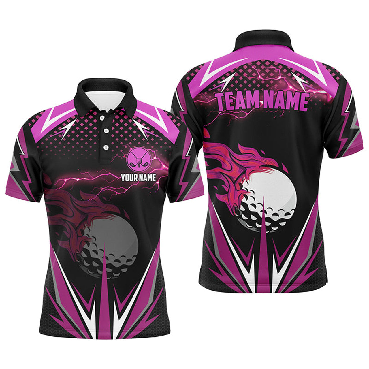 Custom Black Mens golf polo shirts custom pink fire lightning team golf jerseys, golf attire for men