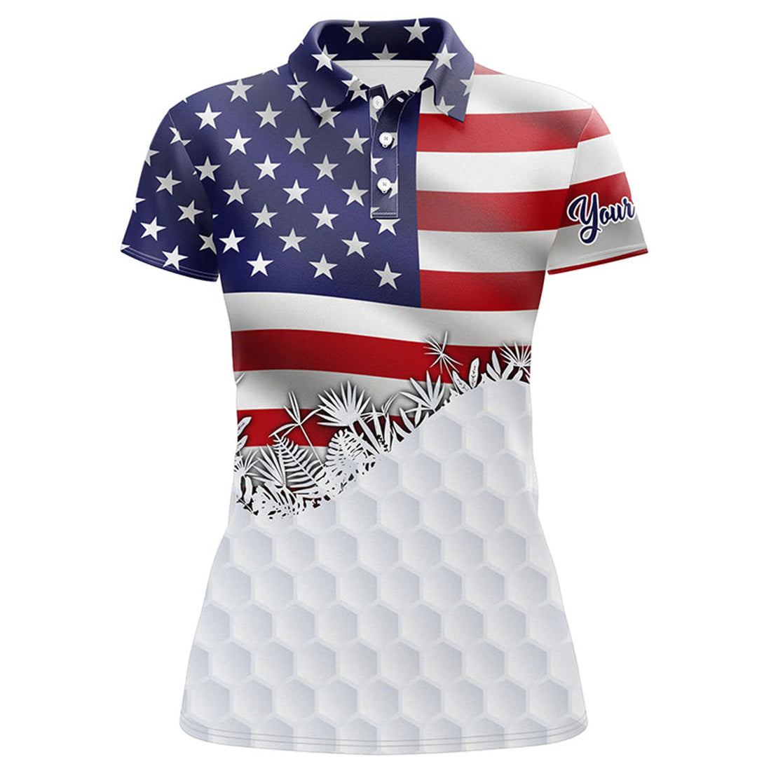 Custom Womens Golf Polo Shirts Custom American Flag White Golf Ball Skin Patriotic Golf Attire For Ladies
