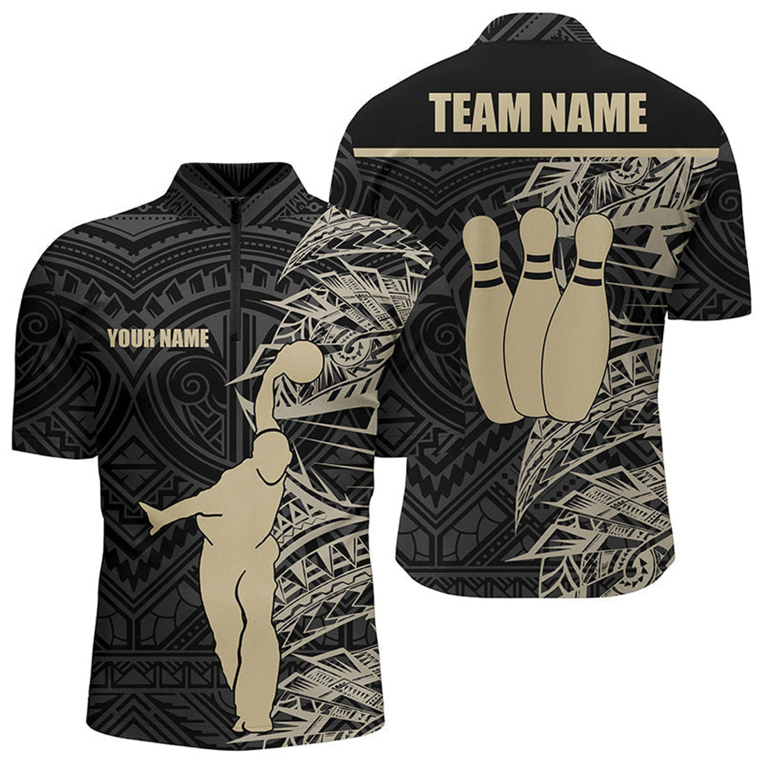 Custom Personalized Bowling Quarter-Zip Shirts for Men Golden Black Tribal team Bowling Jersey Gift For Him