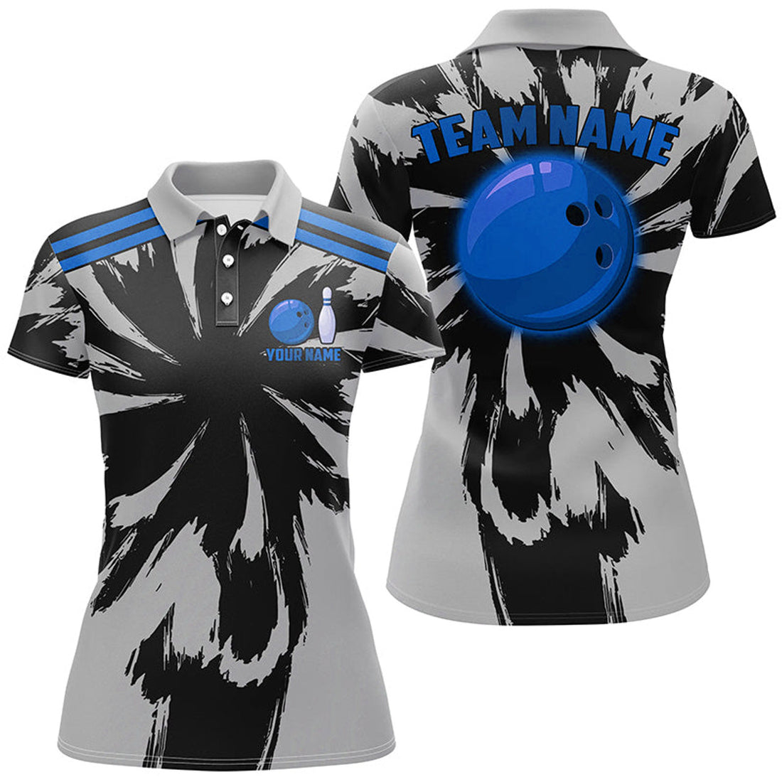 Custom Black And Gray Bowling Polo For Women Custom Blue Bowling Ball Team Bowling Jerseys
