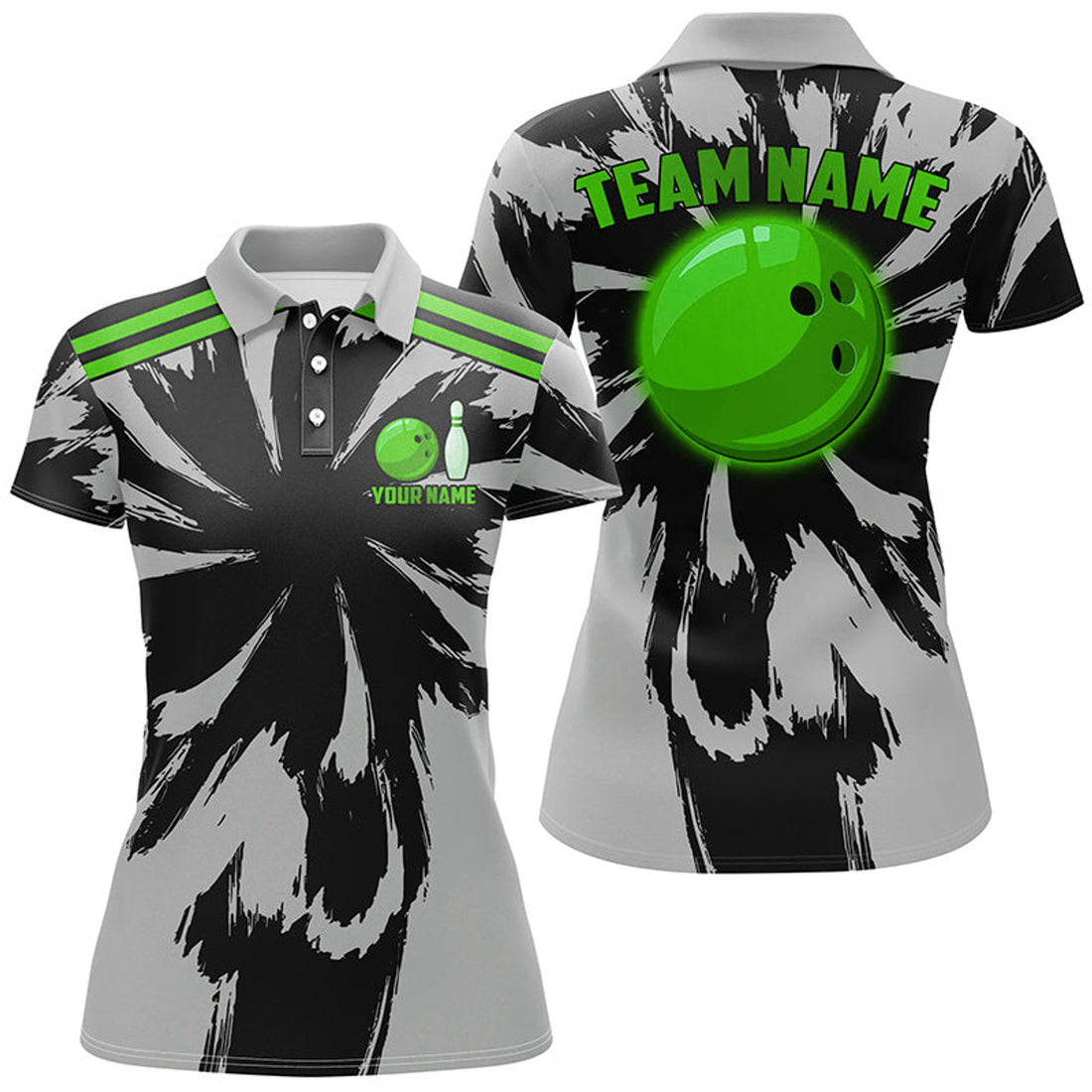 Custom Black And Gray Bowling Polo For Women Custom Green Bowling Ball Team Bowling Jersey