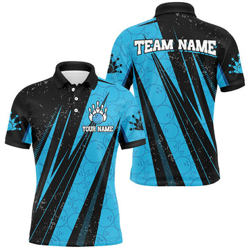 FUNSTUFFPRINT Black and Blue Camo Bowling Personalized Polo Shirt Size S-5XL
