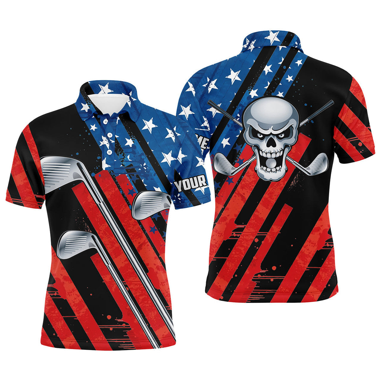 Custom Golf Men Polo Shirt - American Flag 4th July Skull Golf Clubs Custom Name Apparel - Personalized Gift For Golf Lover, Men, Patriot, Independence Day