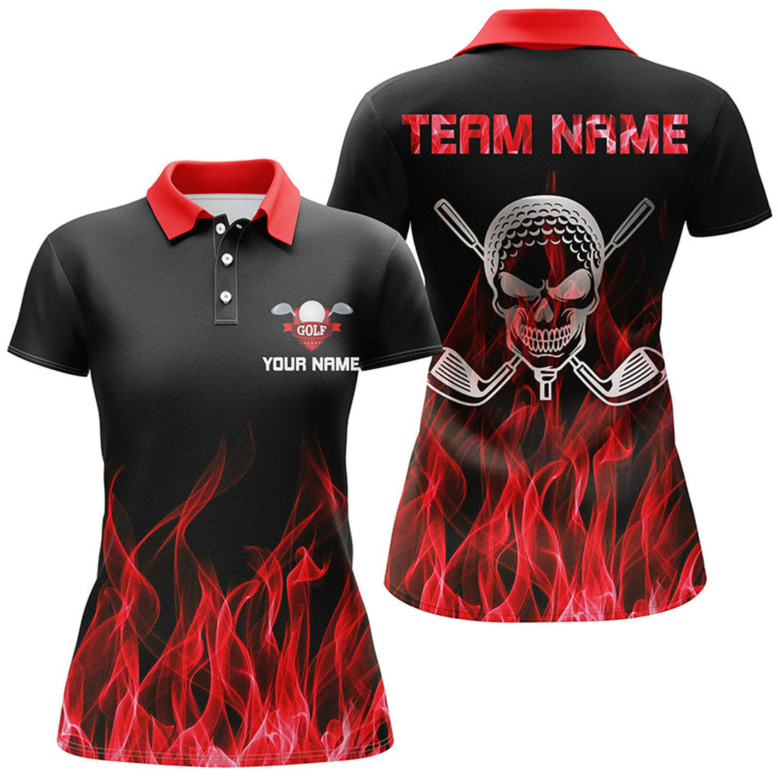 Custom Black Womens golf polo shirt custom red flame skull golf clubs, personalized golf gifts for women