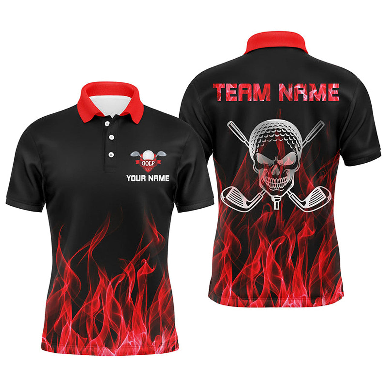 Custom Black Mens golf polo shirts custom red flame skull golf clubs, personalized golf gifts for men