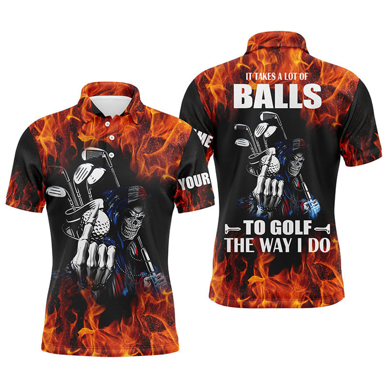 Custom Mens golf polo shirts custom name flame golf skull it takes a lot of ballsto golf the way I do