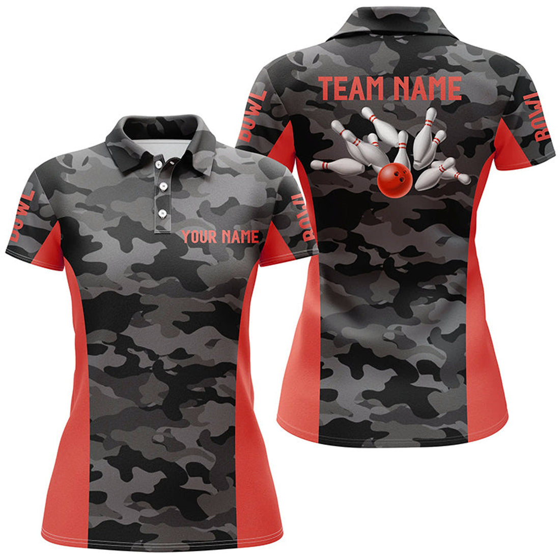 Custom Women Bowling Polo Shirts Custom Gray Camo Bowling Team Jersey, Bowling Team League Shirt | Red