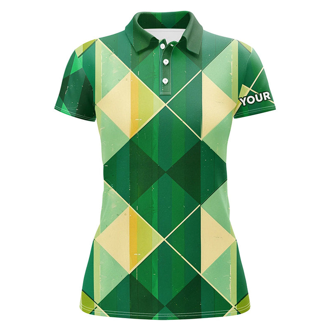 Custom Green Yellow Argyle Plaid Pattern Womens Golf Polo Shirts Custom Ladies Golf Shirts, Green Golf Tops