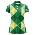 Custom Green Yellow Argyle Plaid Pattern Womens Golf Polo Shirts Custom Ladies Golf Shirts, Green Golf Tops