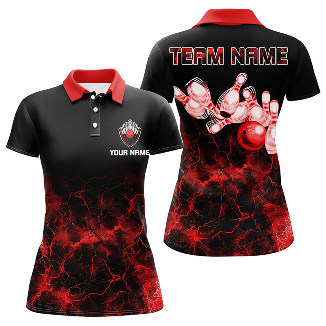 Custom Personalized Womens Bowling Polo Shirt Red Lightning Bowling Ball Pins Bowling Jerseys For Bowler